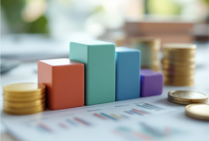 Colorful bar graph with financial charts and stacked gold coins, representing investment growth and recession-proof wealth strategies.